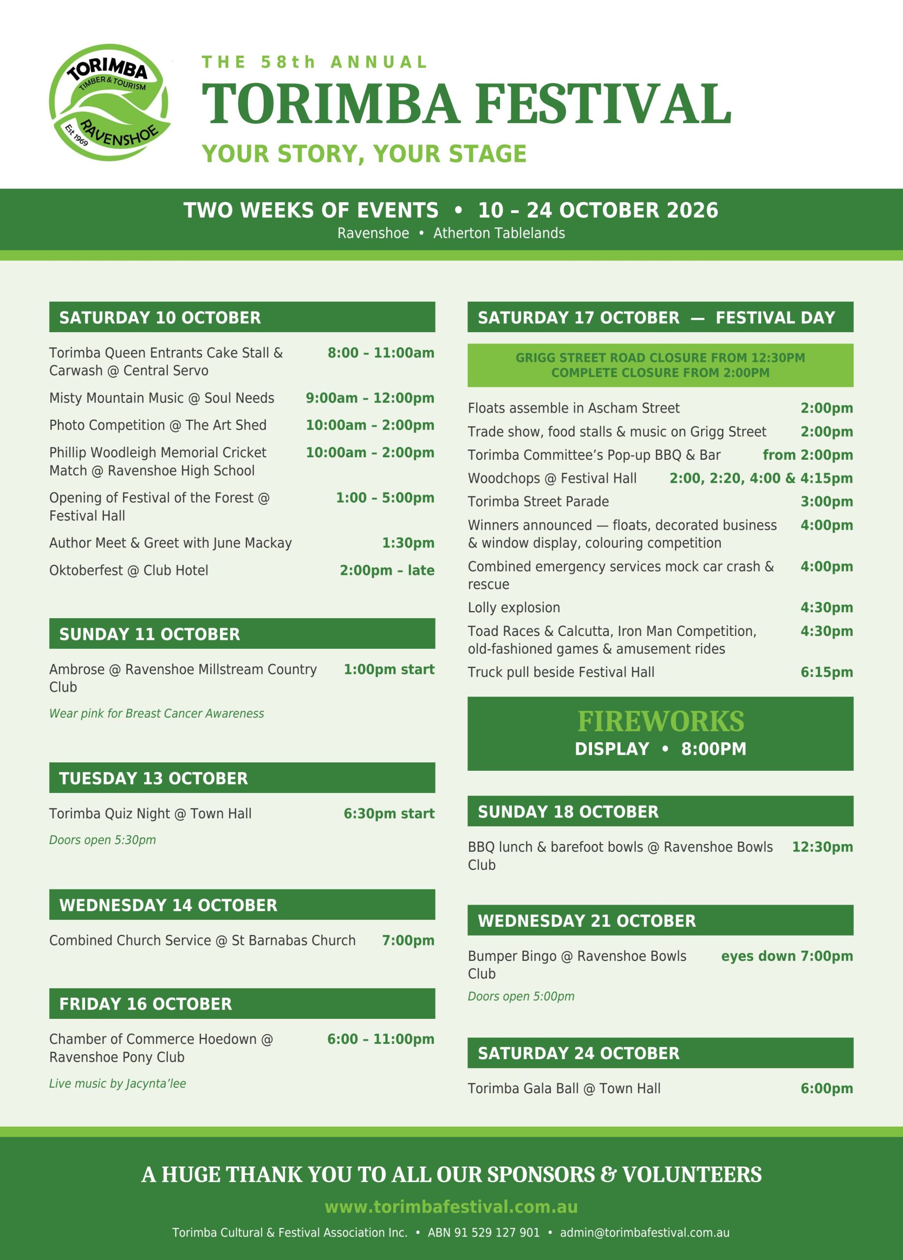 Torimba Festival 2026 program of events, 10 to 24 October 2026, Ravenshoe