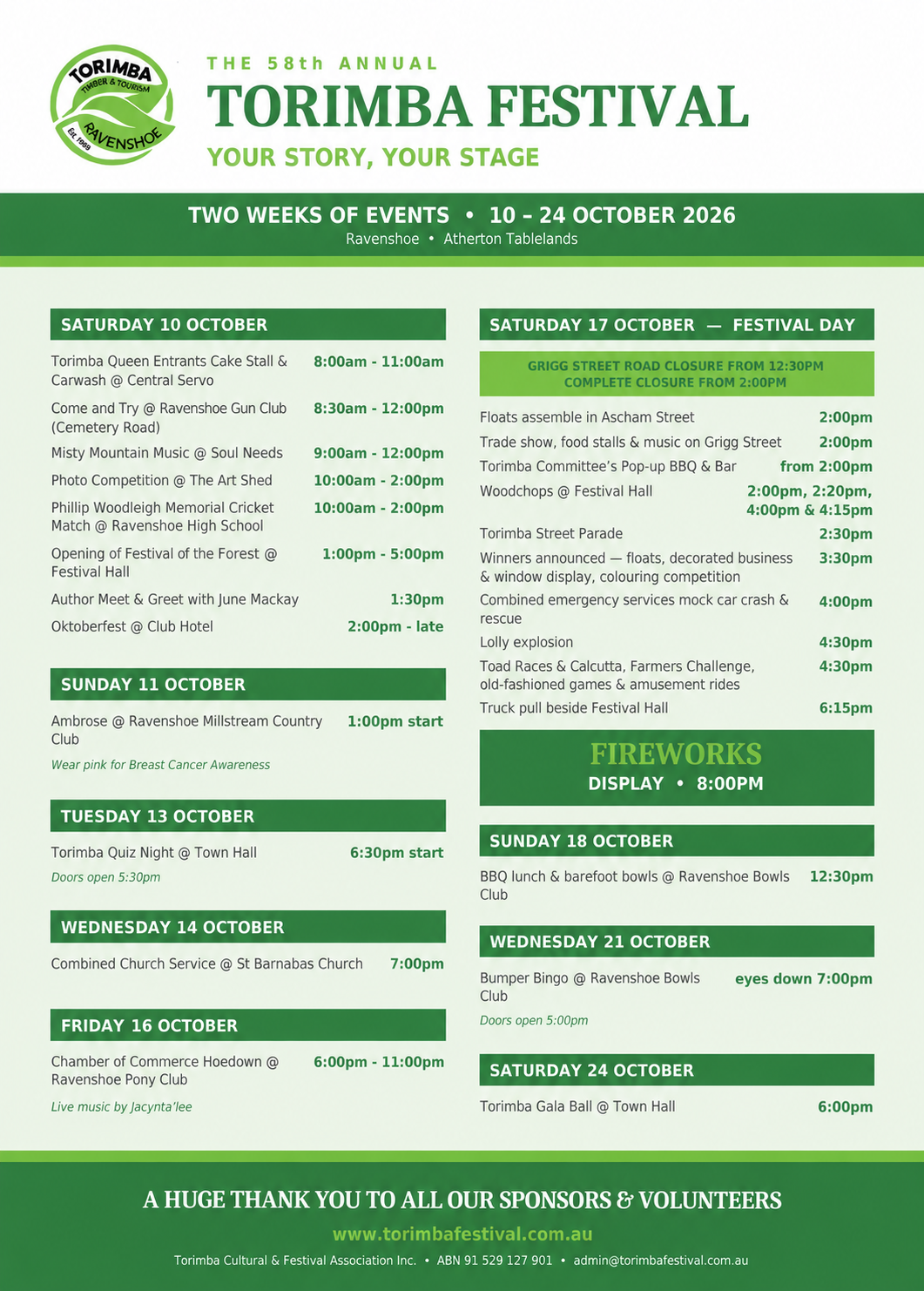 Torimba Festival 2026 program of events, 10 to 24 October 2026, Ravenshoe