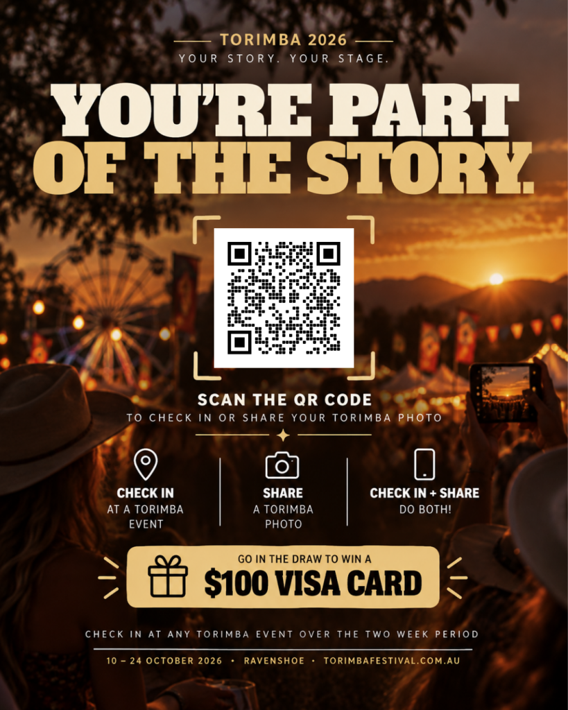 Torimba 2026 - You are Part of the Story. Scan the QR code to check in or share your Torimba photo and go in the draw to win a $100 Visa card.